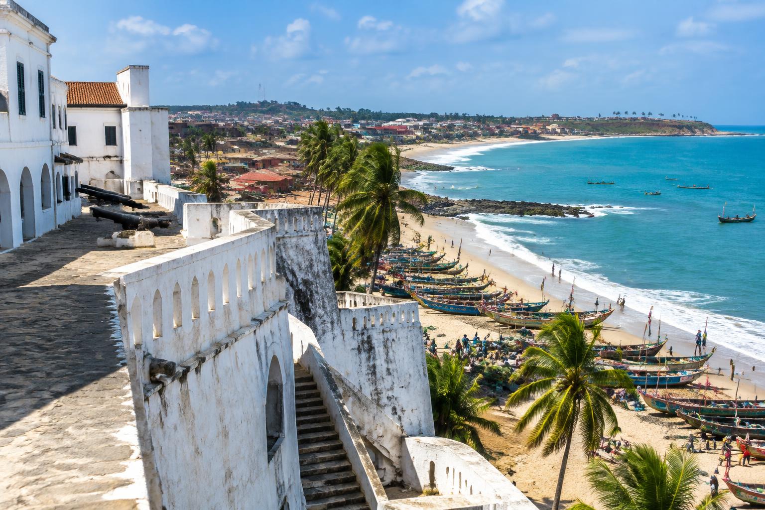 Cape Coast castle overlooking the ocean and fishing boats